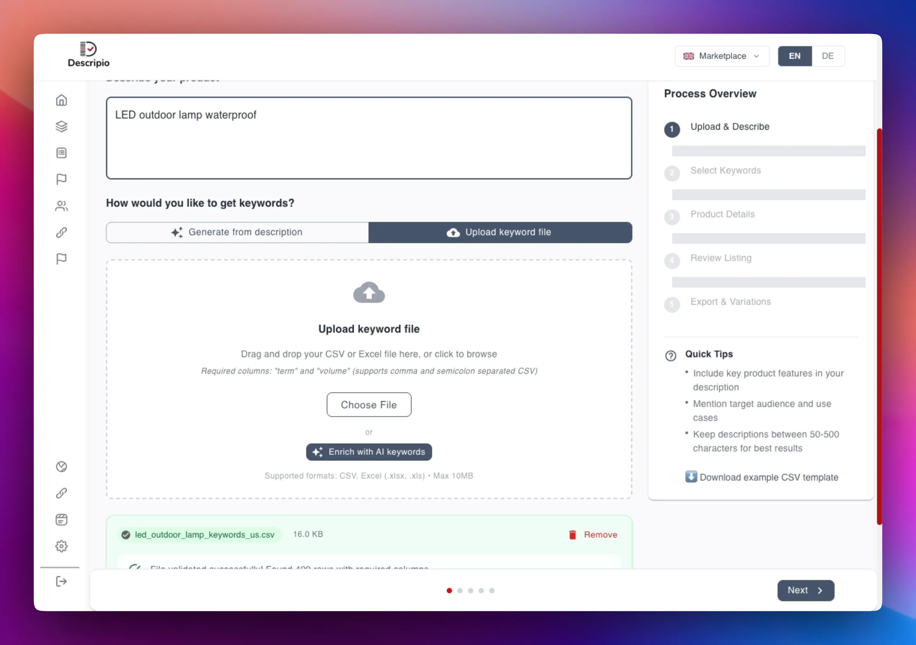 Upload & Description Interface Screenshot